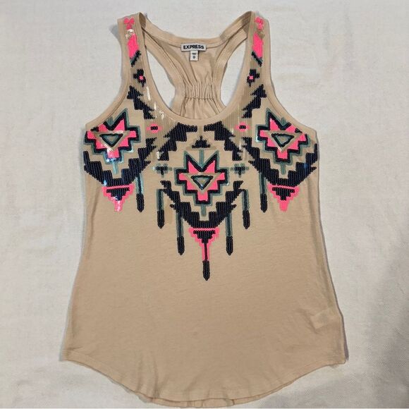 Express‎ Brand Aztec Design Tank Top Shirt XS Cream Hot Pink black Neon - Picture 1 of 9